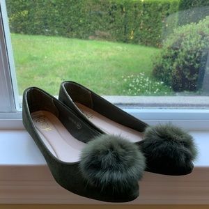 Green fur flats, worn on inside, but still pretty on outside!
